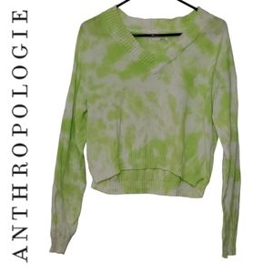Anthropologie green tie-dye crop V-neck sweater